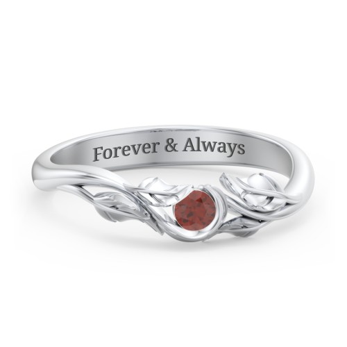 Solitaire Leaf Band Ring – Sterling Silver with Garnet