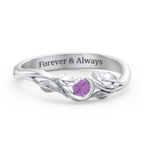 Solitaire Leaf Band Ring – Sterling Silver with Amethyst