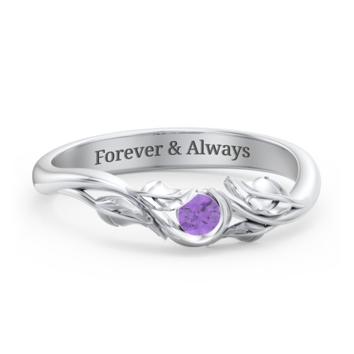 Solitaire Leaf Band Ring – Sterling Silver with Amethyst