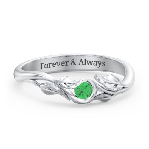 Solitaire Leaf Band Ring – Sterling Silver with Emerald