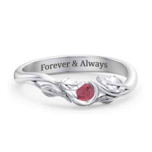 Solitaire Leaf Band Ring – Sterling Silver with Ruby