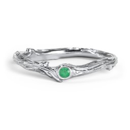 Organic Twig Textured Band with Gemstone in 925 Sterling Silver with Emerald