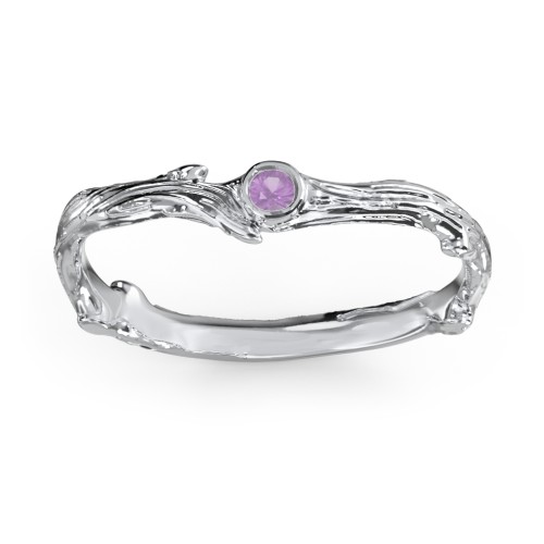 Organic Twig Textured Band with Gemstone – Sterling Silver with Amethyst