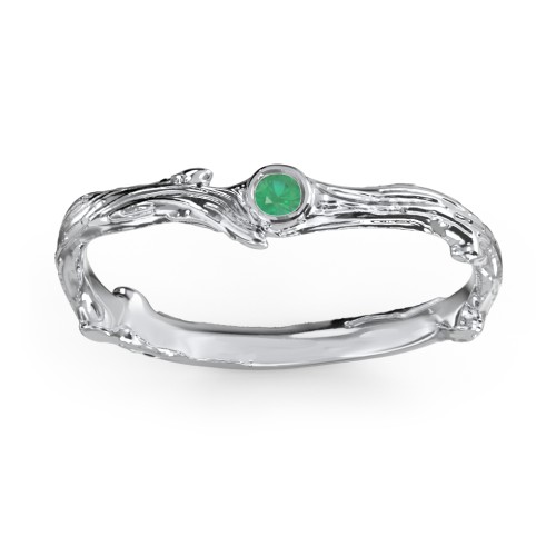 Organic Twig Textured Band with Gemstone – Sterling Silver with Emerald