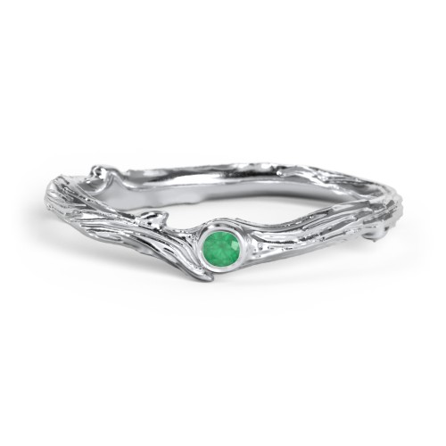 Organic Twig Textured Band with Gemstone – Sterling Silver with Emerald
