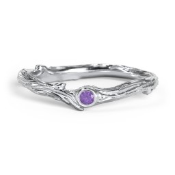 Organic Twig Textured Band with Gemstone in 925 Sterling Silver with Amethyst