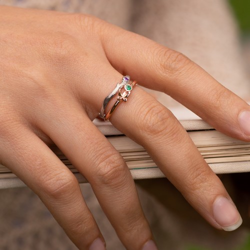 Organic Twig Textured Band with Gemstone – Sterling Silver with Ruby