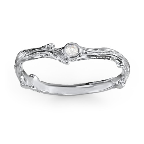 Organic Twig Textured Band with Gemstone – Sterling Silver with Cubic Zirconia