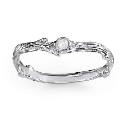 Organic Twig Textured Band with Gemstone – Sterling Silver with Diamond