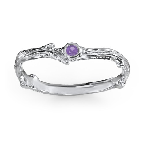Organic Twig Textured Band with Gemstone – Sterling Silver with Amethyst