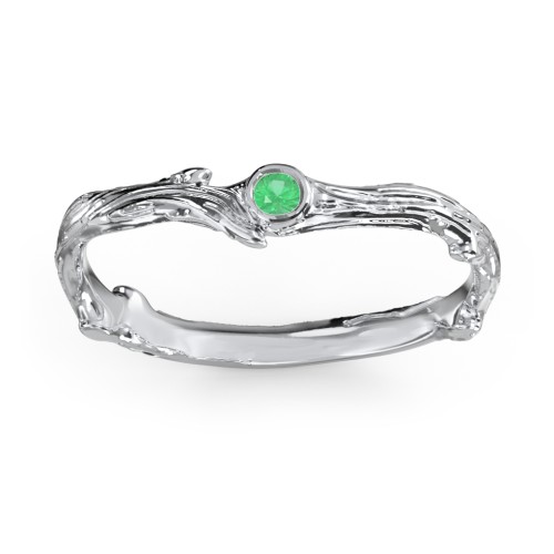 Organic Twig Textured Band with Gemstone – Sterling Silver with Emerald