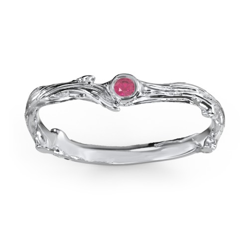 Organic Twig Textured Band with Gemstone – Sterling Silver with Ruby