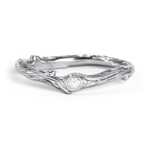 Organic Twig Textured Band with Gemstone – Sterling Silver with Cubic Zirconia