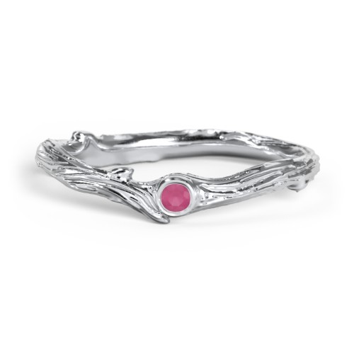 Organic Twig Textured Band with Gemstone – Sterling Silver with Ruby