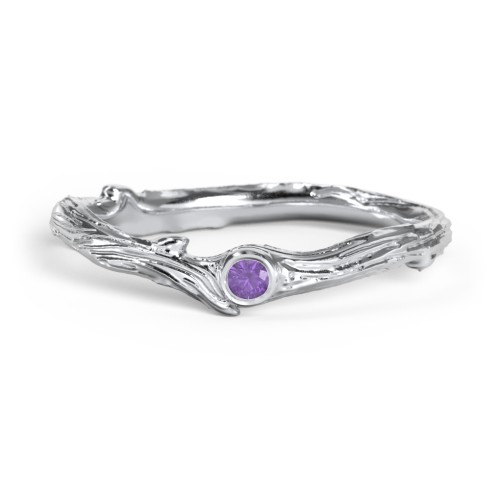 Organic Twig Textured Band with Gemstone – Sterling Silver with Amethyst