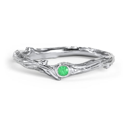 Organic Twig Textured Band with Gemstone – Sterling Silver with Emerald