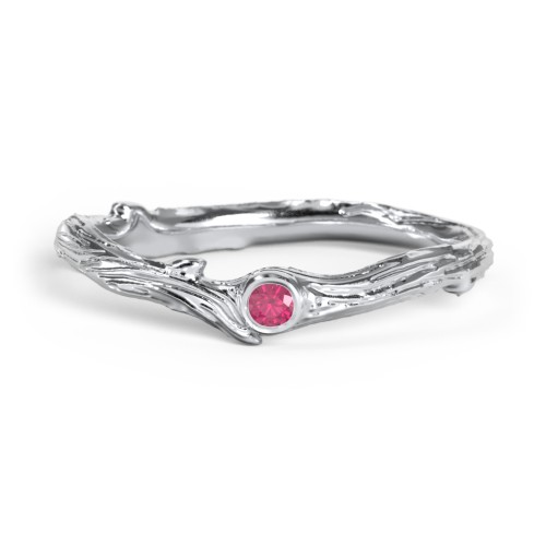 Organic Twig Textured Band with Gemstone – Sterling Silver with Ruby
