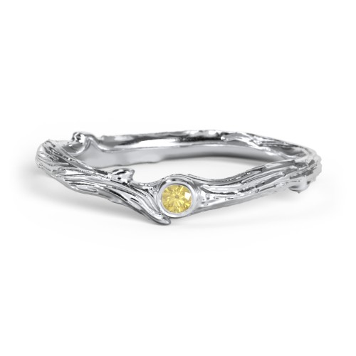 Organic Twig Textured Band with Gemstone – Sterling Silver with Citrine
