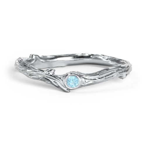 Organic Twig Textured Band with Gemstone – Sterling Silver with Blue Topaz