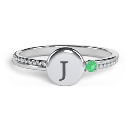 Engravable Disc Ring with Gemstone and Beaded Band