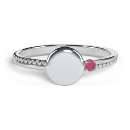 Engravable Disc Ring with Gemstone and Beaded Band