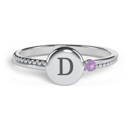 Engravable Disc Ring with Gemstone and Beaded Band in 925 Sterling Silver with Amethyst