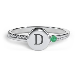 Engravable Disc Ring with Gemstone and Beaded Band in 925 Sterling Silver with Emerald