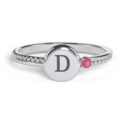 Engravable Disc Ring with Gemstone and Beaded Band in 925 Sterling Silver with Ruby