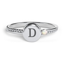 Engravable Disc Ring with Gemstone and Beaded Band in 925 Sterling Silver with Opal