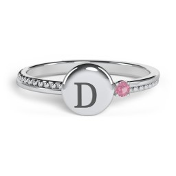 Engravable Disc Ring with Gemstone and Beaded Band in 925 Sterling Silver