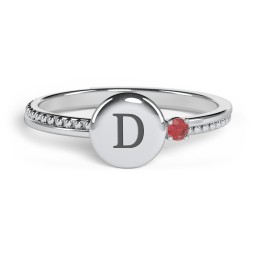 Engravable Disc Ring with Gemstone and Beaded Band in 925 Sterling Silver
