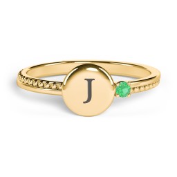 Engravable Disc Ring with Gemstone and Beaded Band in 10K Solid Yellow Gold with Emerald
