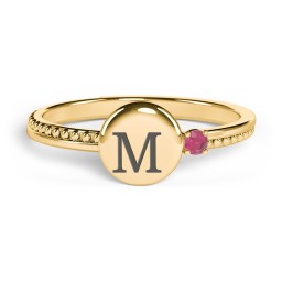 Engravable Disc Ring with Gemstone and Beaded Band