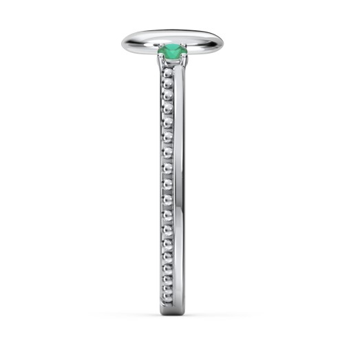 Engravable Disc Ring with Gemstone and Beaded Band – Sterling Silver with Emerald