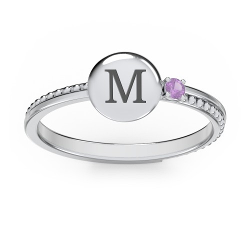 Engravable Disc Ring with Gemstone and Beaded Band – Sterling Silver with Amethyst
