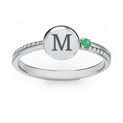 Engravable Disc Ring with Gemstone and Beaded Band – Sterling Silver with Emerald