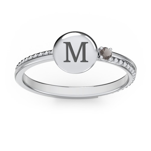 Engravable Disc Ring with Gemstone and Beaded Band