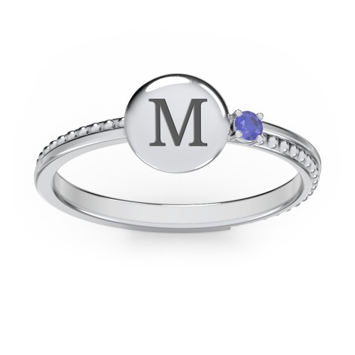 Engravable Disc Ring with Gemstone and Beaded Band
