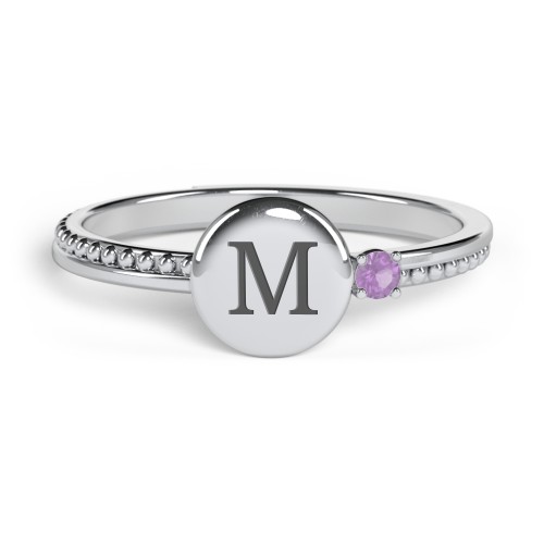Engravable Disc Ring with Gemstone and Beaded Band – Sterling Silver with Amethyst