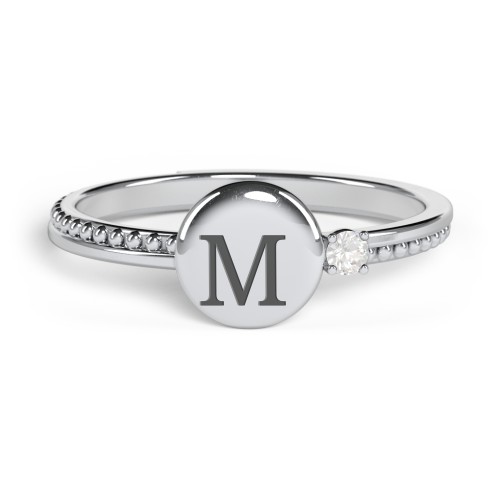 Engravable Disc Ring with Gemstone and Beaded Band