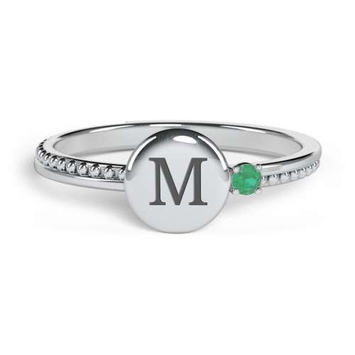 Engravable Disc Ring with Gemstone and Beaded Band – Sterling Silver with Emerald