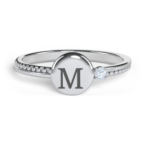 Engravable Disc Ring with Gemstone and Beaded Band – Sterling Silver with Aquamarine