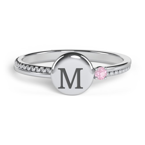 Engravable Disc Ring with Gemstone and Beaded Band