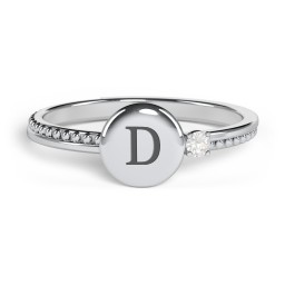 Engravable Disc Ring with Gemstone and Beaded Band in 925 Sterling Silver with Cubic Zirconia