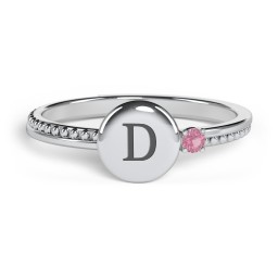 Engravable Disc Ring with Gemstone and Beaded Band in 925 Sterling Silver with Pink Tourmaline