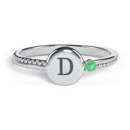 Engravable Disc Ring with Gemstone and Beaded Band in 925 Sterling Silver with Emerald