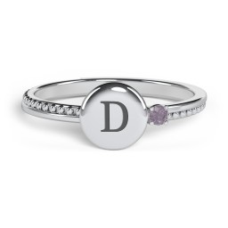 Engravable Disc Ring with Gemstone and Beaded Band in 925 Sterling Silver with Alexandrite
