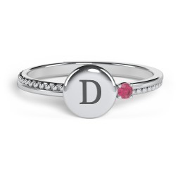 Engravable Disc Ring with Gemstone and Beaded Band in 925 Sterling Silver with Ruby