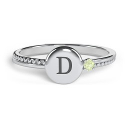 Engravable Disc Ring with Gemstone and Beaded Band in 925 Sterling Silver with Peridot