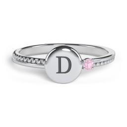 Engravable Disc Ring with Gemstone and Beaded Band in 925 Sterling Silver with Pink Tourmaline